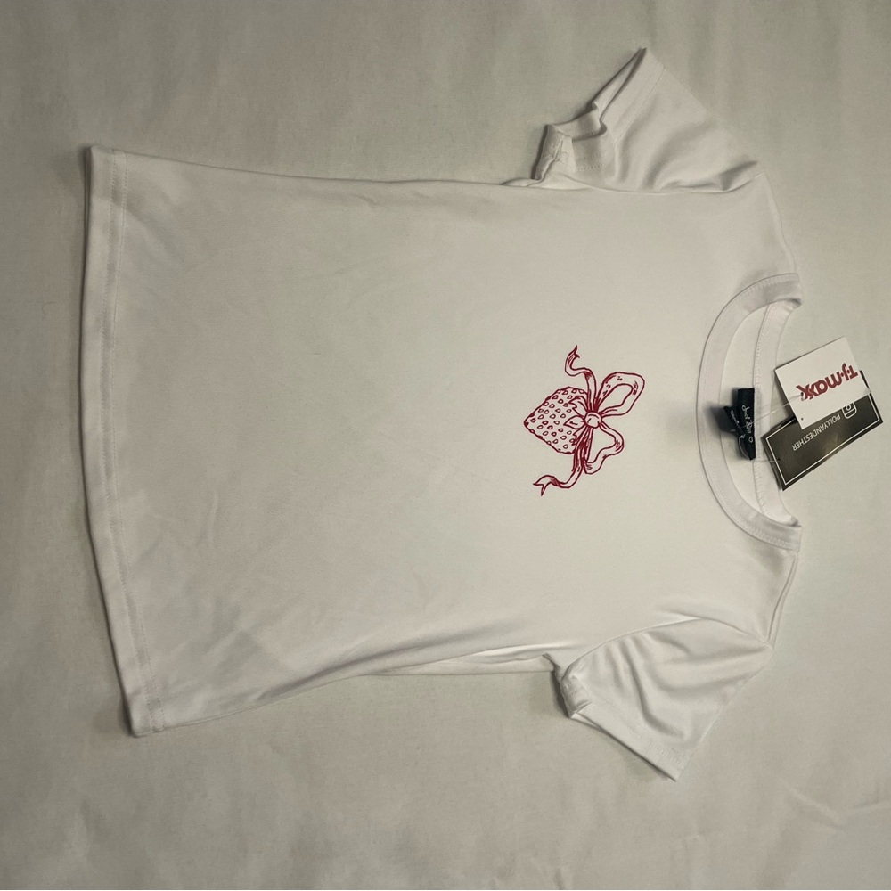 White T-Shirt with Red Strawberry Bow